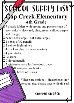 2019-2020 4th Grade Supply List 